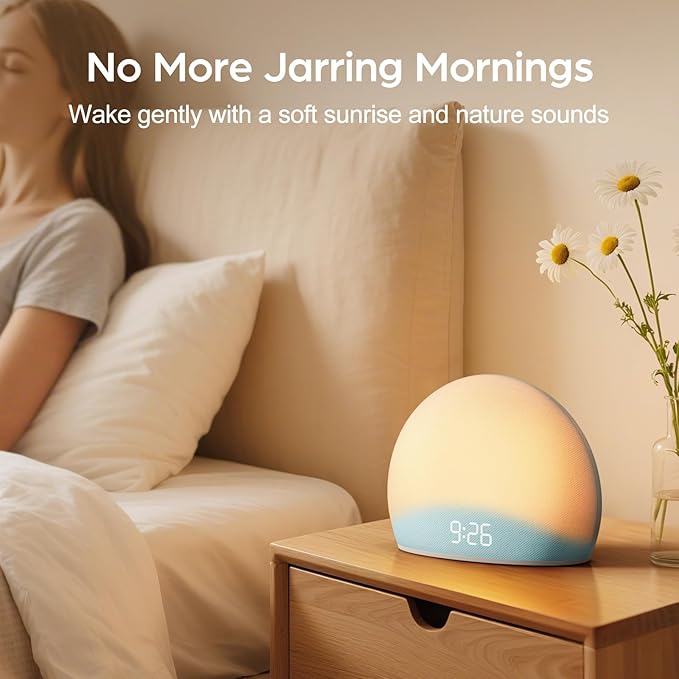 HOUSBAY Sunrise Alarm Clock, White Noise Sound Machine for Bedroom | Natural Wake-Up Light with Gentle Alarm Sounds, 20 Soothing Sleep Aids, Dimmable Display, Screen-Free Design - Blue