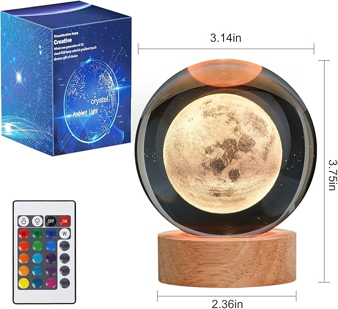 Large Crystal Ball 3D Moon Lamp Balkwan, Crystal Lamp 16 Color Changing Night Light with Remote Control for Bedroom Decor, Ideal Birthday Gift for Teens Boys and Girls, Moon Model