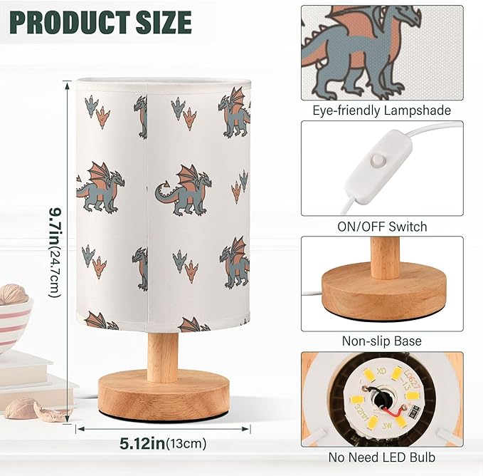 Table Lamp Dragon with Paw Print Nightstand Lamp with Wood Base Fabric Lamp Shade Bedside Desk Lamp for Living Room Bedroom Kids Room Office