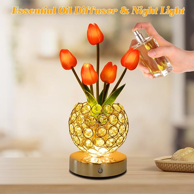 Tulip Crystal Flower Lamp Touch Lamp,Rechargeable Cordless Table Lamp, 3-Colour Infinitely Dimming Battery Powered Small Night Light,Gift for Mom for Valentine Day,Mothers Day,Xmas,Birthday (Red)