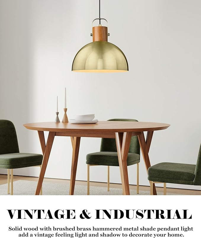 ELYONA Dome Pendant Light, 12" Rubber Wood Hanging Lamp with Vintage Gold Metal Shade, Mid Century Modern Pendant Light Fixtures for Kitchen Island Farmhouse Dining Living Room Hallway, Brushed Brass
