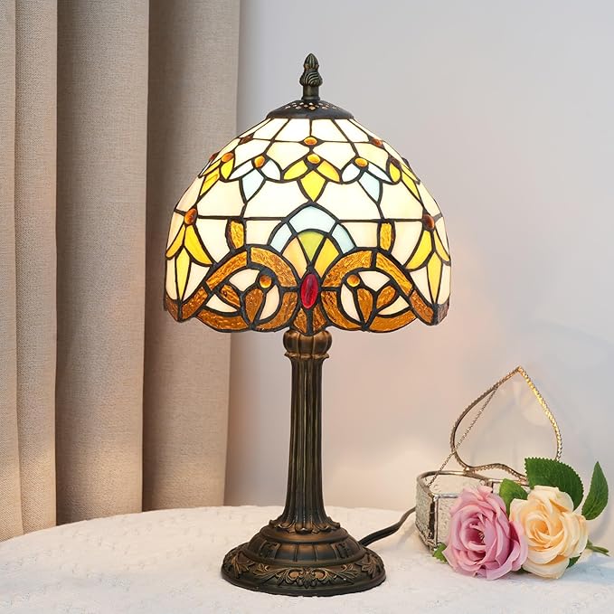 Tiffany Table 8 Inch Small Stained Glass Table Lamp Retro Baroque Reading Light, Suitable For Bedrooms Living Rooms Offices Study Rooms Tiffany Style Retro Home Decoration Crafts (Yellow, Brown)
