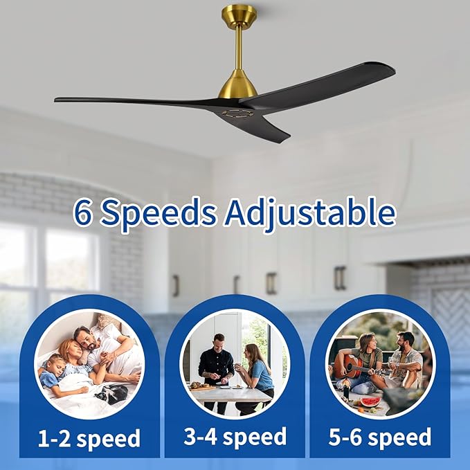 54 Inch Modern Ceiling Fan No Lights,Wood Ceiling Fan without Light,6-Speed,Reversible DC Motor,Timer,Outdoor with Remote for Bedroom Living Room Patios,Black and Gold
