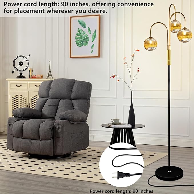 Lightdot 70IN Dimmable Floor Lamp for Living Room, 3 Light LED Tree Floor Lamps with Glass Globe Shade& Bulb Included, Mid Century Standing Tall Lamp for Bedroom/Sofa Beside/Corner Decor-Black&Gold