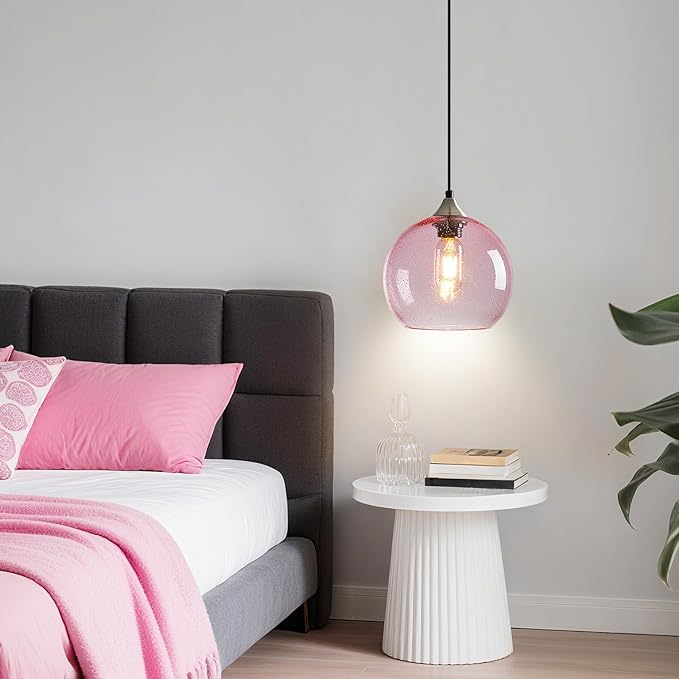 Pink Glass Pendant Lights Kitchen Island Lighting Globe Pendant Light Fixtures Modern Pendant Lighting for Bedroom Living Dining Room Light Fixture (7.87 in, 2 Pack)