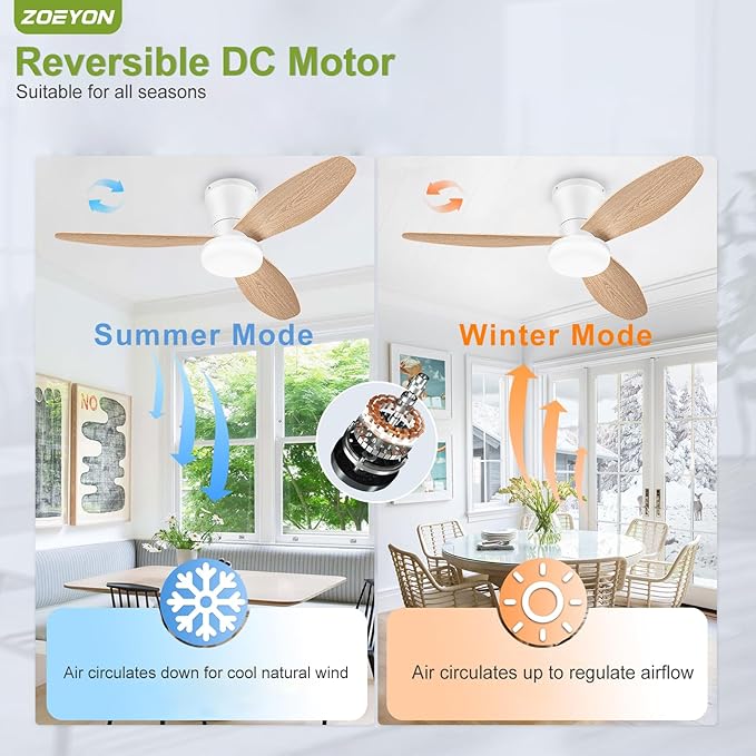 Small Ceiling Fan with Light - 42 Inch Flush Mount Ceiling Fan with Lights and Remote, Low Profile Ceiling Fans with 3 Reversible Blades, 6 Wind Speeds, White&Wood Ceiling Fans for Bedroom