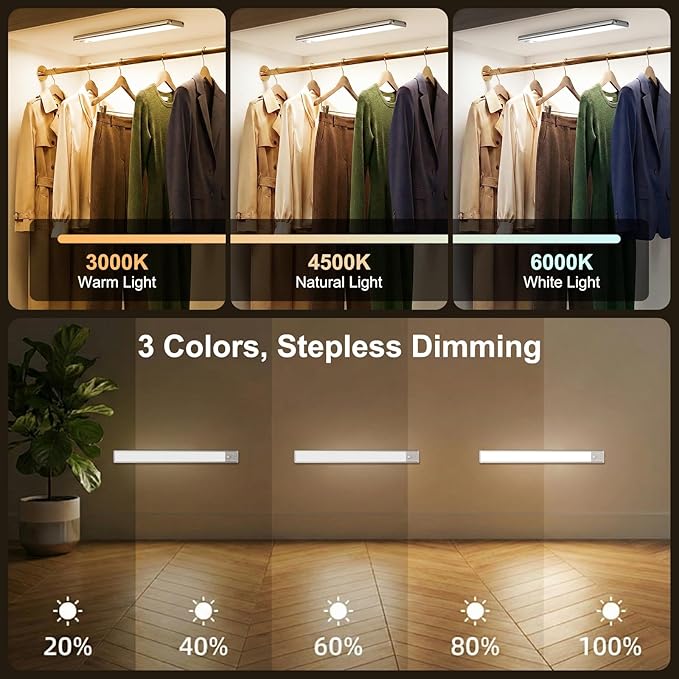 BLS 14.8inch Under Cabinet Lighting, 126 LED Motion Sensor Light Indoor, 2500mAh Rechargeable Wireless Closet Lights, 4 Sensor Modes, 3 Color Dimmable Magnetic Under Counter Lights for Kitchen, 2 Pack