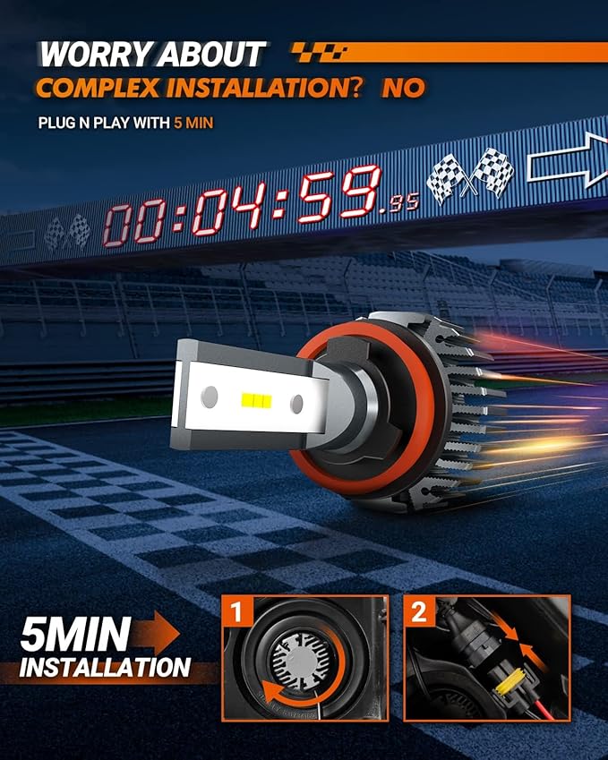 SEALIGHT H11/h8/h9 Bulbs, 5-Min Plug and Play, Quick Installation, Fanless Light No Noise, IP67 Non-Polarity, Powersports Accessory Lights, IP67 Waterproof, Pack of 2