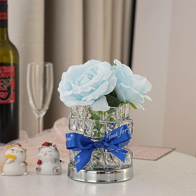 Rose Crystal Table Lamp, Rechargeable Cordless Rose Light 3 Colors Dimmable LED Flower Lamp for Bedroom Living Room Decor, Valentine Birthday Gift for Her (Blue)