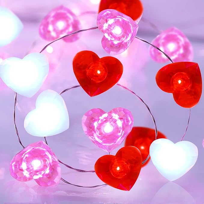 ZGWJ Valentines LED Fairy Lights, 2 Pack 50LED 16FT Red-White-Pink Heart String Lights Battery Operated,Waterproof Valentines Lights for Wedding Party,Mother's Day Indoor Outdoor Decoration