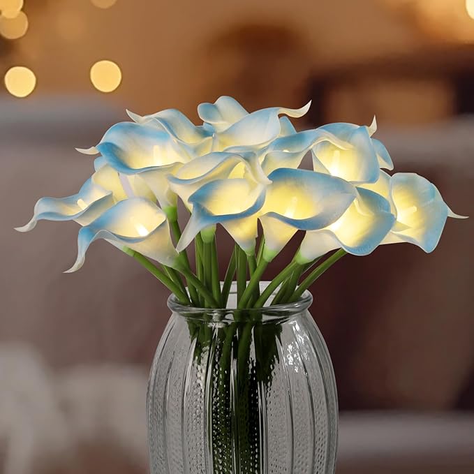 20pcs Lighted Artificial Calla Lily Bouquet Lamp Faux Floarl Night Light Real Touch Flower Night Lamp LED Calla Lily lighted Artificial Flower for Holiday Gifts Home Kitchen Decor(Light Blue, No Vase)