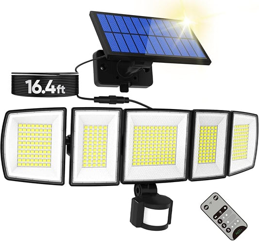 Solar Motion Lights Outdoor - With 16.4ft Cable, 3000LM Ultra-Bright LED Security Lights for Outside Dusk to Dawn, 2400mAh IP65 Waterproof Flood Lights with Remote for Court Yard Garage Front Door