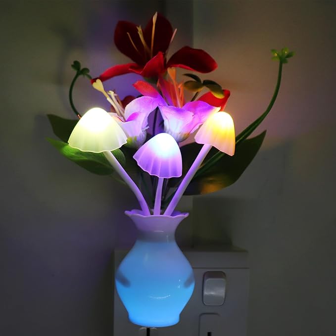 2 PCS Plug-in Night Light with Auto Light Sensor,RGB LED Mushroom Night Light Wall Red Lily Flower Lamp Energy Efficient Light for Adults Kids Nursery Room,Bedroom,Lounge,Hallway,Stairs