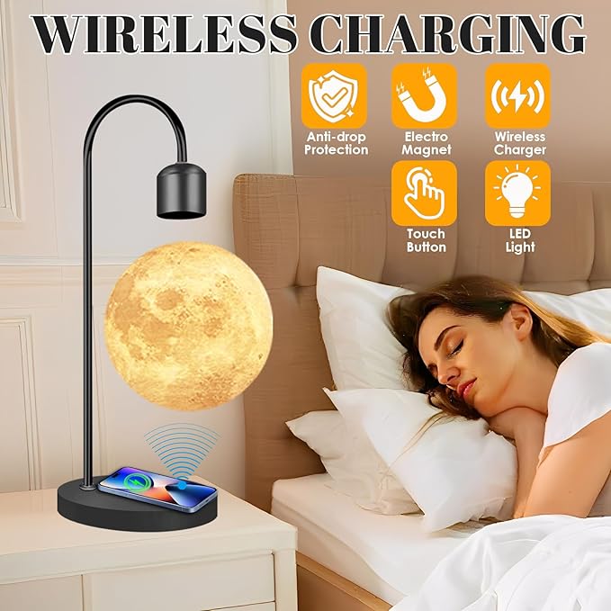 Magnetic Levitating Moon Lamp with Wireless Charging Base, 16M+ Swichable Colors, 3D Printed Floating LED Night Light for Bedroom Decor