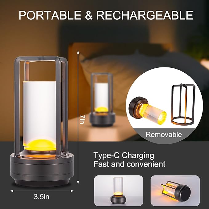 Rechargeable Cordless LED Table Lamp - Waterproof Portable Touch Dimmable Desk Light for Outdoor, Camping, Patio, Bedroom, Living Room - Night Light with Long Battery Life (Grey)