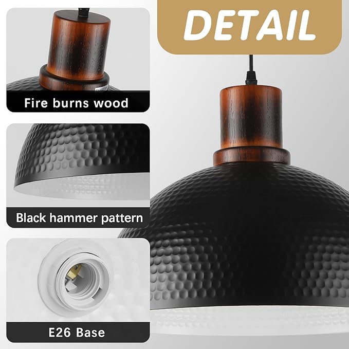 Modern Solid Wood Pendant Lights,15.7" Hammered Metal Shade,Black Finish Hanging Lighting Lamp Industrial Dome Ceiling Light Fixtures for Kitchen Island, Farmhouse, Dining Room
