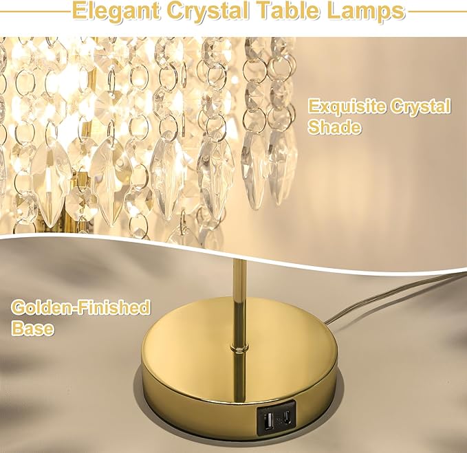 Boncoo Crystal Table Lamp Set of 2, 3-Way Dimmable Nightstand Lamp with 2 USB Charging Ports, Gold Bedside Lamp for Bedroom, Touch Lamp with Elegant Shade for Living Room, B11 LED Bulb Included