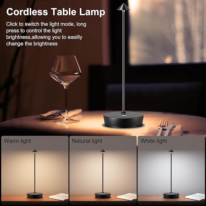 Cordless Battery Powered Table Lamp, Rechargeable LED Dimmable Brightness Metal 6000mAh Touch Table Lamp Portable Modern Design for Restaurant Indoor & Outdoor(Black 2 Pack)