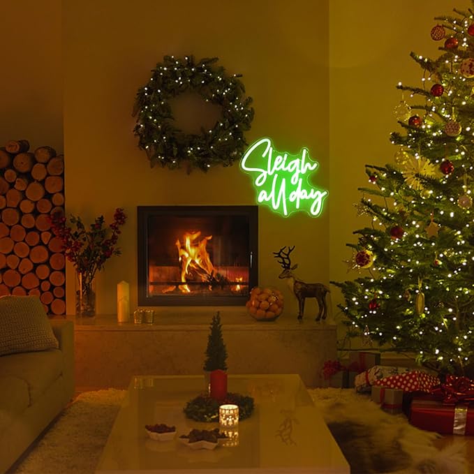 Sleigh All Day Neon Lights Signs Christmas Neon Sign Green Letter LED Neon Lights for Wall Words Xmas Neon Light Up Sign for Bedroom Bar Man Cave Christmas Party Decor