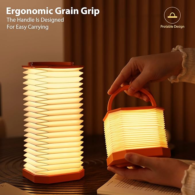 Portable Paper Lamp,White Accordion Desk Lamp,Japanese Lanterns lamp for Home Decoration and Gift,Dimmable Bedside Lamp,1200mAh USB Powered Night Light for Bedroom,Office,Reading （Orange