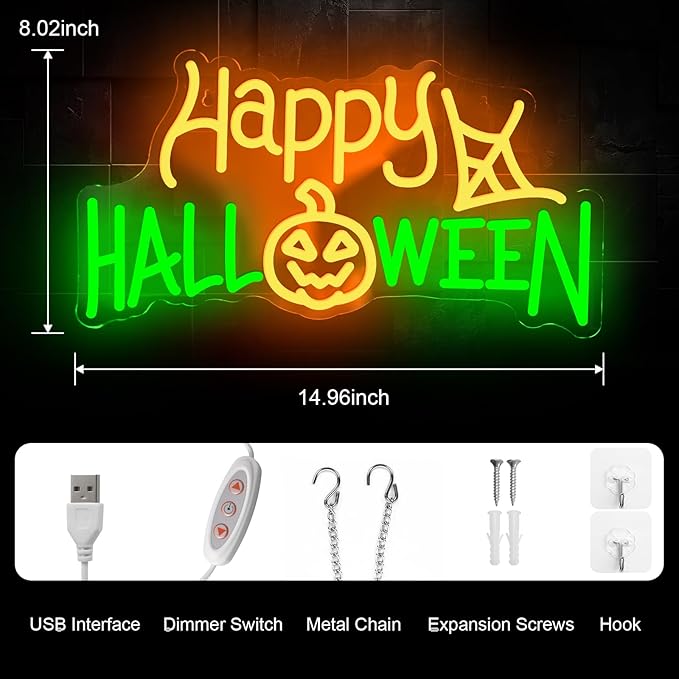 Happy Halloween Neon Sign, LED Halloween Light Up Decor Web Pumpkin Neon Signs for Wall Bedroom Home Bar Halloween Party Decor Halloween Present for Trick or Treat Party Backdrop
