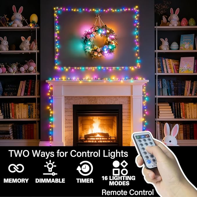 LAMPHOME 66ft Easter String Lights Plug in, 200 LED Pastel Twinkle Fairy Lights Green Wire, 16 Modes Easter Outdoor Indoor Decorations for Christmas Tree Xmas Wedding Party (Warm & Multicolor)