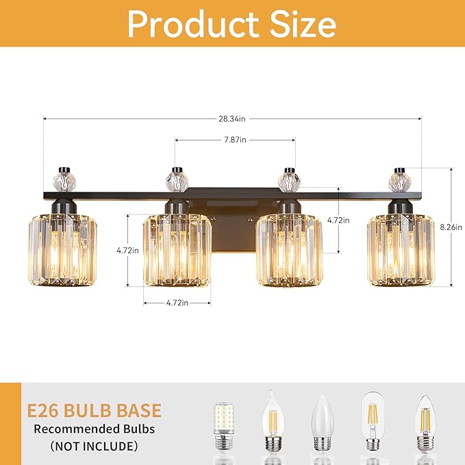 Bathroom Vanity Lights 4-Light Plating Black Modern Crystal Vanity Light Fixtures Over Mirror Crystal Bathroom Vanity Lighting Fixtures