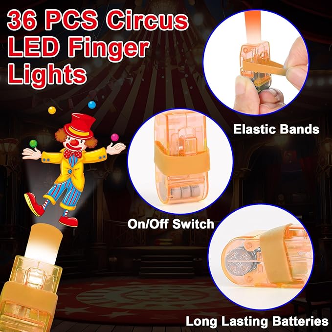 36Pcs Carnival LED Finger Lights Circus Party Favors Glow in the Dark Light Up Finger Lights Carnival Themed Toys Bulk for Halloween Birthday Party Goodie Bag Stuffer Birthday Gifts Classroom Prize