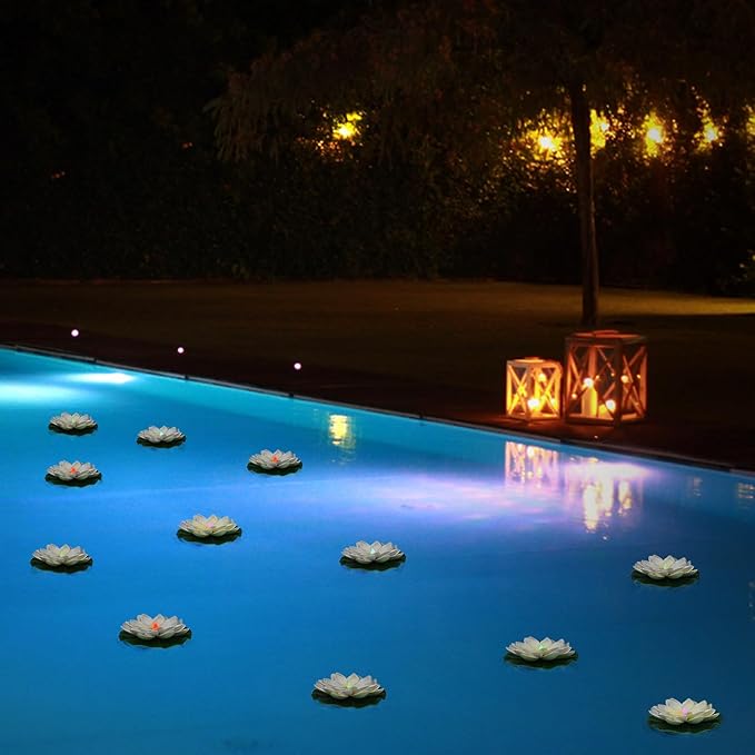 LACGO 12 PCS Floating Lotus Lights - Artificial LED Lotus Waterproof Battery Operated Water Activated Color Changing Fake Lily Pad Lights for Pool Pond Lantern Garden Outdoor Decor