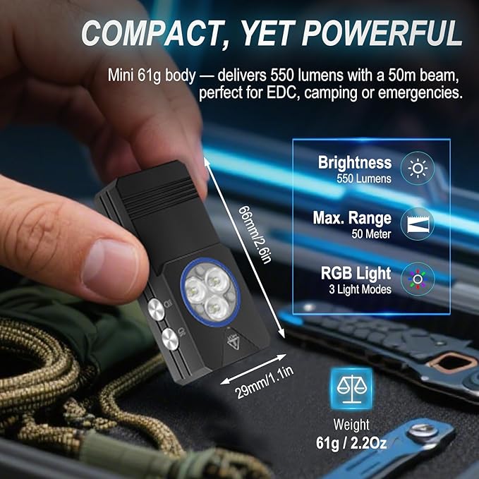 BORUIT EV30 Mini LED EDC Flashlight with 365nm UV Light, 550 Lumens USB-C Rechargeable Pocket Keychain Flashlight, Magnetic Tail & Clip, IP66 Waterproof for Camping, Hiking, Emergencies
