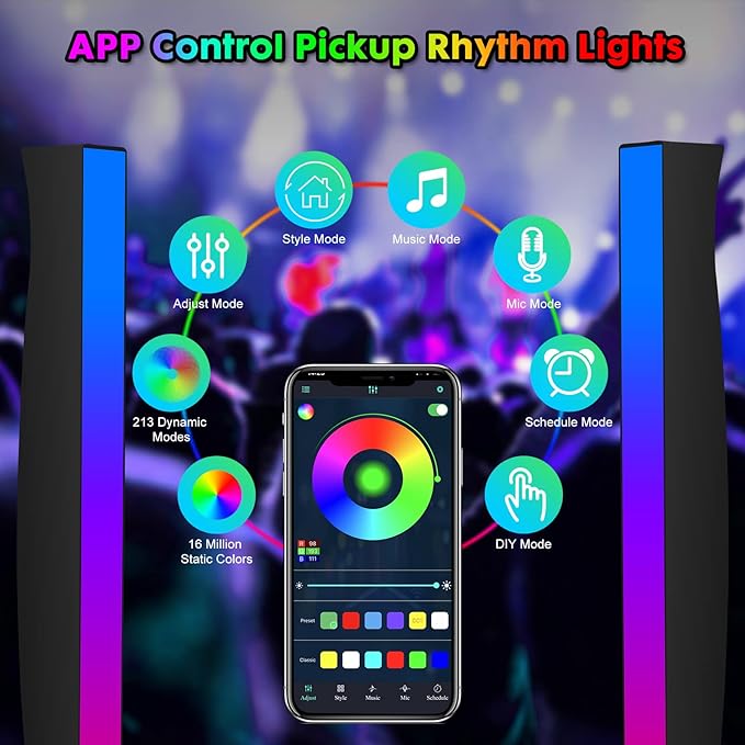 Battery Powered Rhythm Light Bar, RGB Sound Control Pickup Rhythm Lights, APP Control 32 Bit Music Level LED Lights, USB Rechargeable Voice Activated Atmosphere Light for Game Car TV DJ Studio - 2Pcs