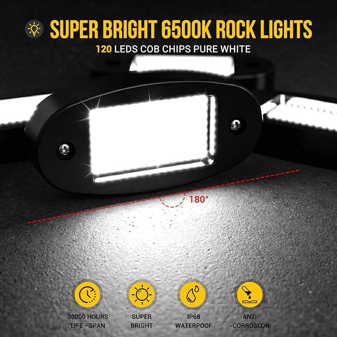 20 Pods COB White Rock Lights, 120 COB Chips 6500K Pure White Super Bright Neon Underglow, IP68 Waterproof Shockproof Off-Road Light Kit for Pickup Trucks, SUV, UTV, ATV, RZR, Cars & Boats