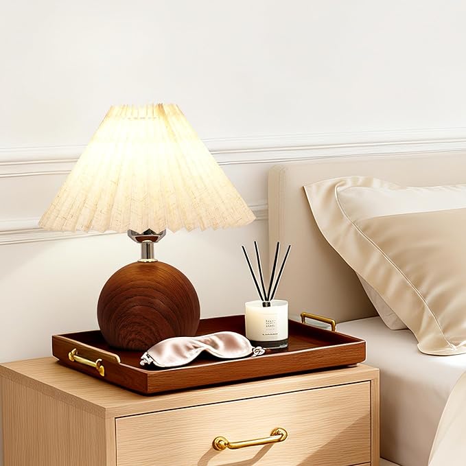 Small Pleated Table Lamp, Modern Bedside Nightstand Lamp with Pleated Shade, Cute LED Table Lamp for Bedroom, Mid-Century Night Light with Pleated Linen Shade(E26 Bulb Included)