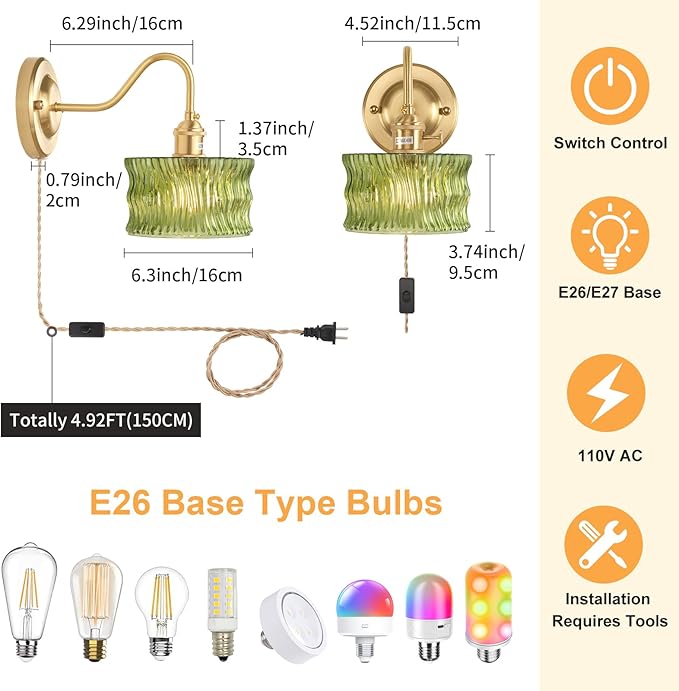 Plug in Wall Sconce Set of 2, Gold Vintage Wall Decor Lights with Green Ripple Glass Shade, Indoor Brass Corded Wall Lamp Fixture for Bedroom Living Room Bathroom Hallway