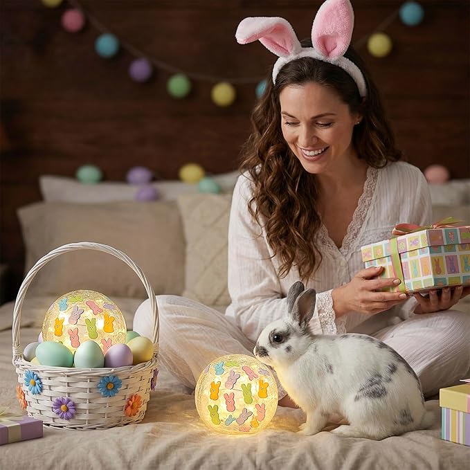 2 Pcs Easter Lighted Glass Ball Decorations - 3.9inch Easter Bunny Crackle Pattern LED Lights Eggs with Timer, Light Up Egg Lamp Table Easters Decor Decorative Snow Globe for Holiday Garden Party Gift