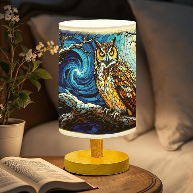 Owl Table Lamp LED 3-Color Pressed Bedside, Owl Shade Lamp with Wood Base for Bedroom Living Room Desk Office TL01