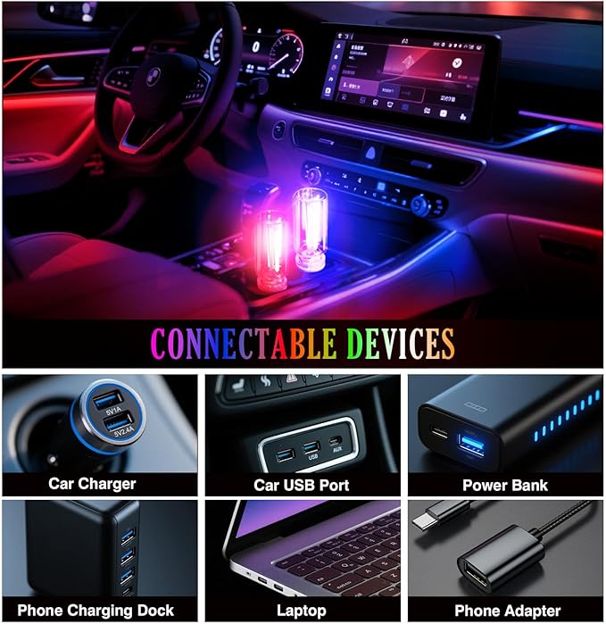 2PCS Car USB Night Light Touch Dimmable LED Filament Lamp, USB Plug-in Mini Glass Bottle Night Light DIY Mood Lamp Atmosphere Lights for Automotive Vehicle Bedroom Hallway Camping Decoration, Green