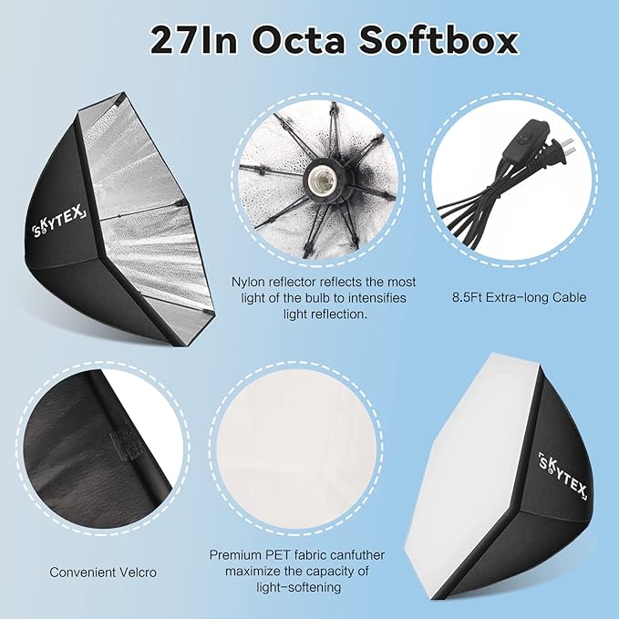 Skytex Softbox Lighting Kit 2Pack, 28in Octa Soft Box | 135W 5500K E27 Bulb Continuous Photography Lighting, Photo Studio Lights Equipment for Camera Shooting, Video Recording