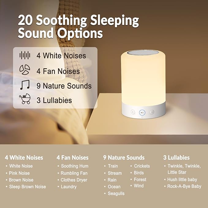 Kipcush Night Light White Noise Sound Machine, Max 8H Timer, 20 Soothing Sleep Sounds. Portable Design for Bedroom, Office, Nursery, Travel, Up to 8 Hours Battery Life