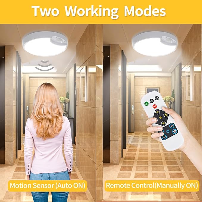 Rechargeable Motion Sensor Light with Remote Wireless Ceiling Light Battery Operated Closet Lights Battery Powered Ceiling Light Timing Dimmable 7.8in for Closets Shower Stair Pantry Hallway Porch