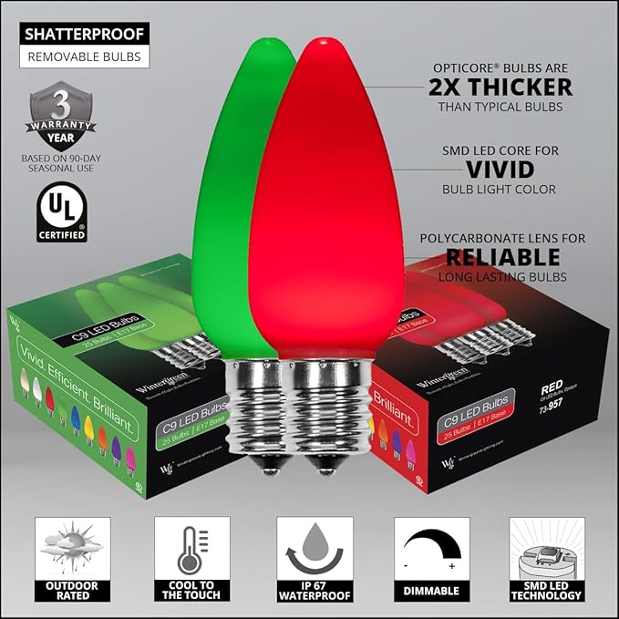 Wintergreen Lighting 50 C9 OptiCore LED Commercial Outdoor Christmas Lights – Heavy Duty Christmas String Lights; Green Wire (50 ft, Red/Green Smooth/Opaque)