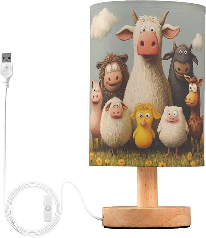 Cute Farm Animal in Floral Grass Table Lamp with Wood Base Fabric Lamp Shade Bedside Nightstand Desk Lamp for Living Room Bedroom Kids Room Office