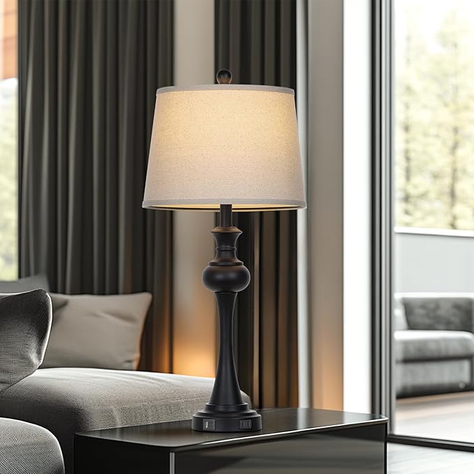 28.75'' Modern Black Metal Table Lamps Living Room Lamp for Nightstand Bedside End Lamp Home Decor Touch Lamp Modern Lamps with USB A+C Ports & Outlets （Bulb Included）