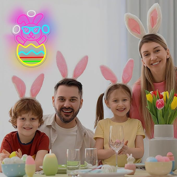 Easter Neon Sign for Wall Decor Bunny Throwing Eggs Led Sign Animated Bunny Neon Light Easter Decorations Funny Rabbit Light Up Signs for Window Spring Bar Home Holiday Party Gifts Business Coffee