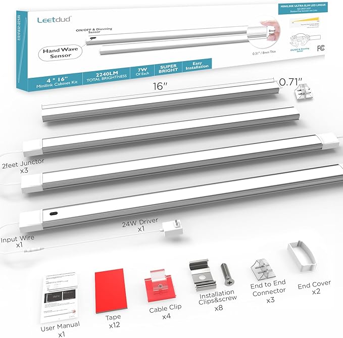 Hand Wave Under Cabinet LED Lighting Plug in, 16 Inch 4-Pcs Dimmable Linkable Ultra Thin Aluminum Alloy Housing, 4000K Natural White Motion Sensor Counter Lights for Kitchen, Shelf, Cupboard