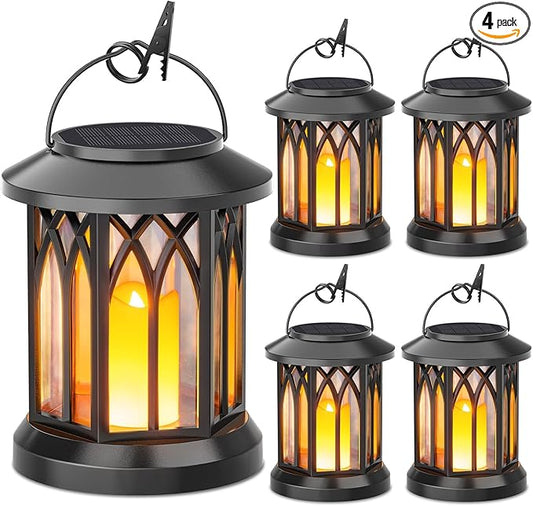 KOOPER 4 Pack Solar Lantern Outdoor Lights, Hanging Solar Lanterns Outdoor Waterproof, Christmas Gifts LED Flickering Flameless Candle Mission Lights for Yard Table Garden (Black)