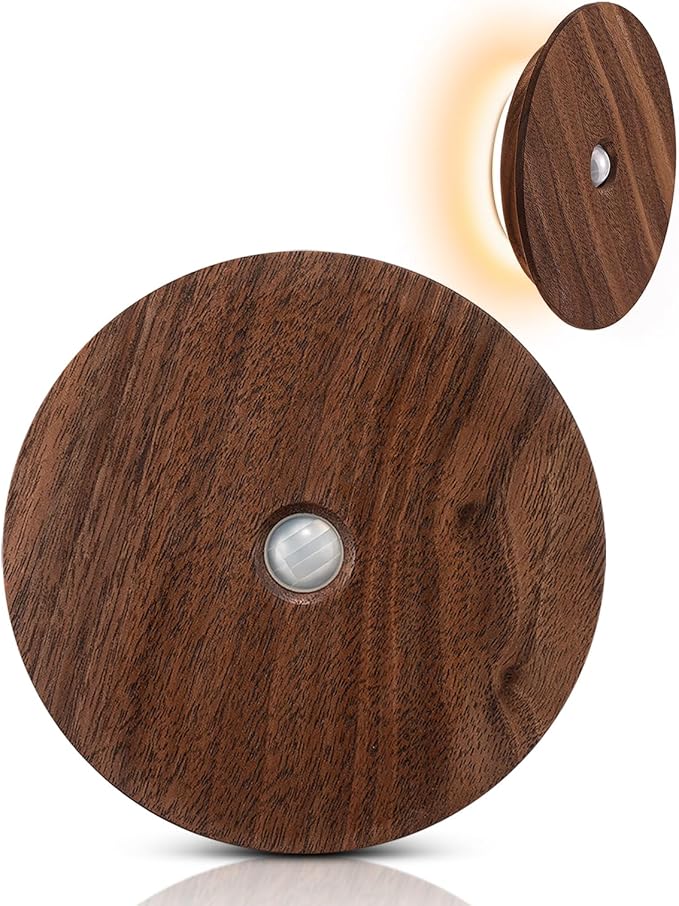 Motion Sensor Night Light Wood Rechargeable Battery Powered Stick-On Step Lights Magnetic Closet Warm Nightlight for Hallway Bedroom Stair, Black Walnut