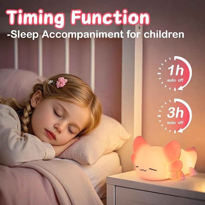 ZKLiLi Night Light for Kids Cute Axolotl Lamp,16 Colors+Tap+Remote+Silicone Kids Night Light,USB Rechargeable Axolotl Night Lights for Room Decoration, Girls