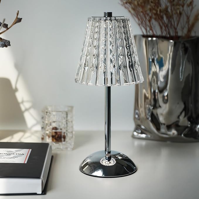 Cordless Table Lamp, 4000mAh Rechargeable Battery Operated Lamp, 3 Color Modes & Stepless Dimmable LED Touch Lamp, Portable Crystal Metal Beside Lamps for Bedroom Restaurant(Silver Chrome)