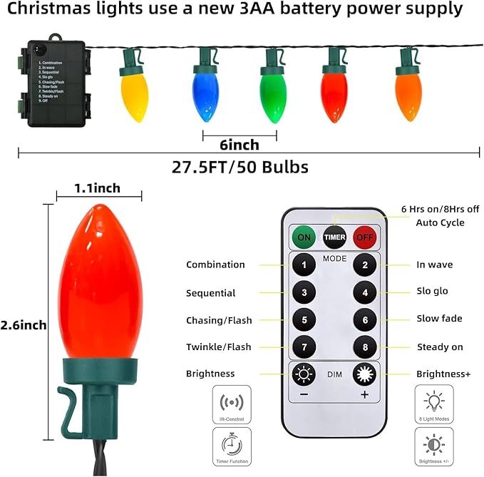 27.5Ft C9 LED Christmas Lights Battery Operated with Remote, LED Multicolor Outdoor Christmas Tree Lights Waterproof with 8 Mode Twinkle, for Christmas Tree Stair Yard Home Decor, 50 Bulbs